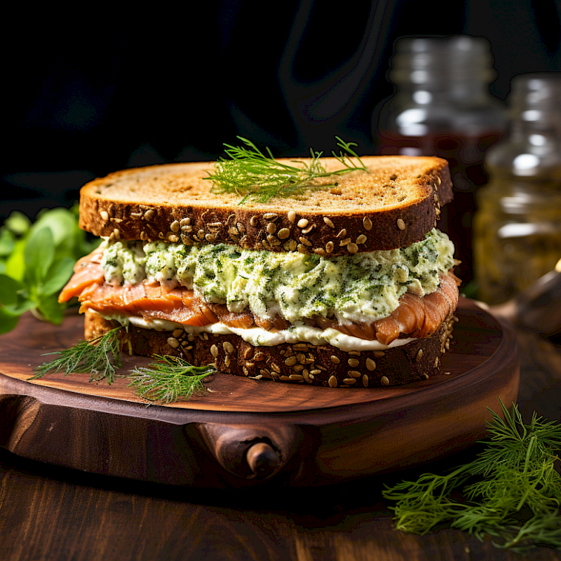 Galeriefoto: Lachs-Sandwich mit Frischkäse und Dill auf Vollkornbrot