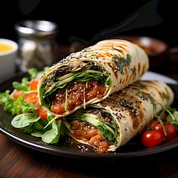 Foto von Lachs-Wrap mit Salat und Honig-Senf-Sauce