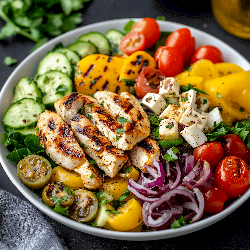 Galeriefoto: Griechischer Salat mit gegrilltem Hähnchen